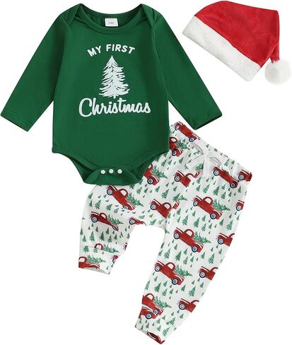 Baby Boy First Christmas Outfit Long Sleeve Truck Tree Print Romper Jogger Pants Hat Newborn Fall Winter Clothes Set in Kuwait
