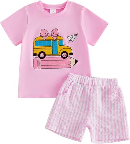 Toddler Baby Boy Girl Back To School Outfit Shirt Shorts Clothes | Little Kids First Day Of Preschool T-Shirt Top Plaid Shorts Outfits Boys Bus Pencil Print Sweatshirt Short Pants Summer Set in Kuwait