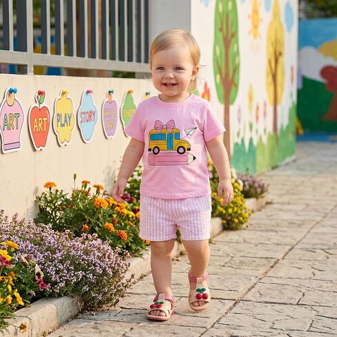 Toddler Baby Boy Girl Back To School Outfit Shirt Shorts Clothes | Little Kids First Day Of Preschool T-Shirt Top Plaid Shorts Outfits Boys Bus Pencil Print Sweatshirt Short Pants Summer Set in Kuwait