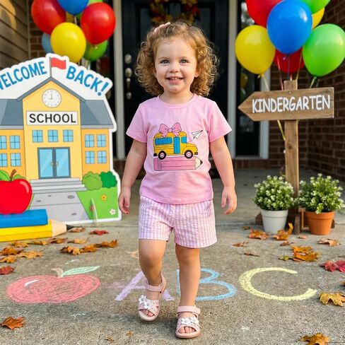 Toddler Baby Boy Girl Back To School Outfit Shirt Shorts Clothes | Little Kids First Day Of Preschool T-Shirt Top Plaid Shorts Outfits Boys Bus Pencil Print Sweatshirt Short Pants Summer Set in Kuwait