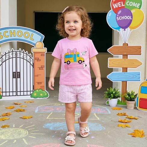Toddler Baby Boy Girl Back To School Outfit Shirt Shorts Clothes | Little Kids First Day Of Preschool T-Shirt Top Plaid Shorts Outfits Boys Bus Pencil Print Sweatshirt Short Pants Summer Set in Kuwait