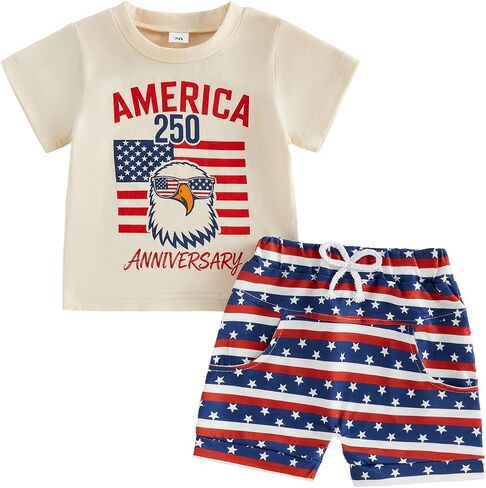 Toddler Little Boy 4th of July Clothes Outfit Funny T-Shirt Shorts Set | Infant Baby Boy 4th of July Outfits Short Sleeve Funny Animal Letter Print T-Shirt Shorts Set 6 12 18 Months 2T 3T 4T in Kuwait