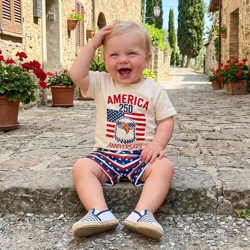 Toddler Little Boy 4th of July Clothes Outfit Funny T-Shirt Shorts Set | Infant Baby Boy 4th of July Outfits Short Sleeve Funny Animal Letter Print T-Shirt Shorts Set 6 12 18 Months 2T 3T 4T in Kuwait