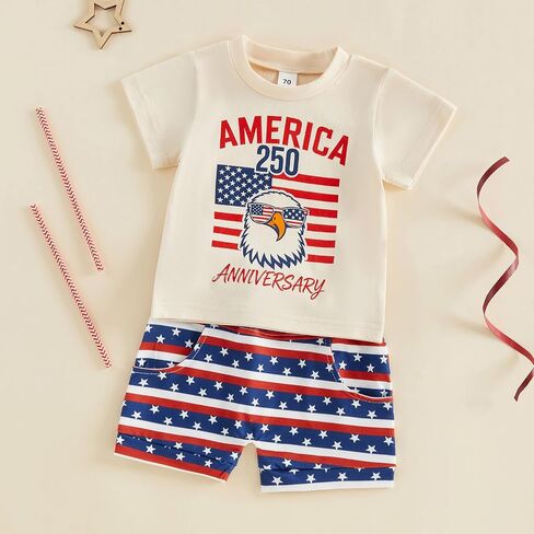 Toddler Little Boy 4th of July Clothes Outfit Funny T-Shirt Shorts Set | Infant Baby Boy 4th of July Outfits Short Sleeve Funny Animal Letter Print T-Shirt Shorts Set 6 12 18 Months 2T 3T 4T in Kuwait