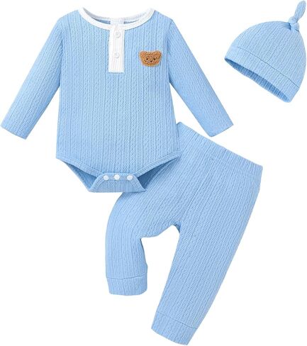 Renotemy Baby Boy Clothes Ribbed Knitted Long Sleeve Rompers Fall Winter Colorblock Outfits Pants Sets Preemie Newborn Gifts in Kuwait