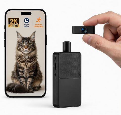 Mini Camera Wireless, 2K HD Nanny Camera with 8H Long Battery Life & Free Cloud Storage, WiFi & Offline Recording, Night Vision & Motion Detection for Pet/Home Monitoring in Kuwait