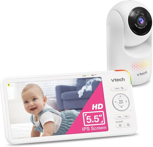 VTech Video Baby Monitor No WiFi, 5.5-Inch HD IPS Screen, Remote Pan Tilt Zoom Camera, Night Light, 5000mAh 19H Battery, 1000ft Range, Night Vision, 2-Way Talk, Temperature Sensor | Advanced HD Plus in Kuwait