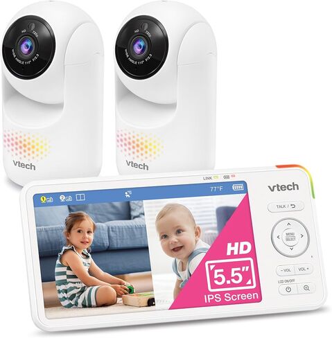VTech Video Baby Monitor No WiFi, 5.5-Inch HD IPS Screen, Remote Pan Tilt Zoom Camera, Night Light, 5000mAh 19H Battery, 1000ft Range, Night Vision, 2-Way Talk, Temperature Sensor | Advanced HD Plus in Saudi Arabia