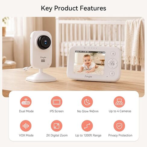 Simyke 720P WiFi Video Baby Monitor,WiFi On/Off Switch,3.5" LCD & App Viewing,2-Way Audio,Night Vision,VOX,5 Lullabies,1500ft Range, Home Use in Kuwait