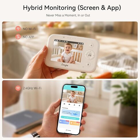 Simyke 720P WiFi Video Baby Monitor,WiFi On/Off Switch,3.5" LCD & App Viewing,2-Way Audio,Night Vision,VOX,5 Lullabies,1500ft Range, Home Use in Kuwait