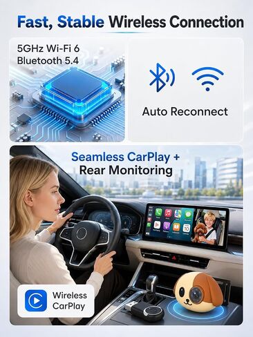 Wireless CarPlay Baby Car Camera Night Vision Split Screen 1080P HD Puppy | Display Baby View on the Original Car Screen, Plug and Play Adapter, Rear Seat Monitor, Cabin Care for Factory Wired CarPlay in Kuwait