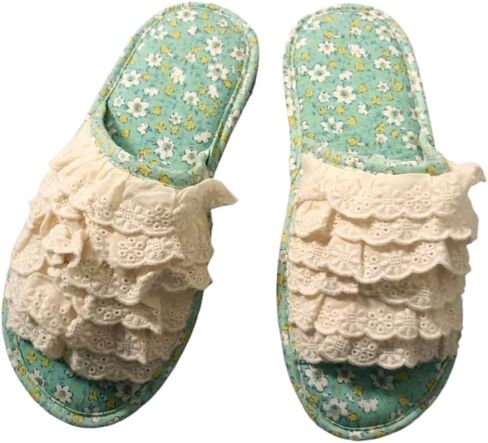 Premium Comfort All Seasons Cotton Lace Ruffled Women's House Slippers Indoor Soft Home Slip On Shoes Cushion Sole in Kuwait
