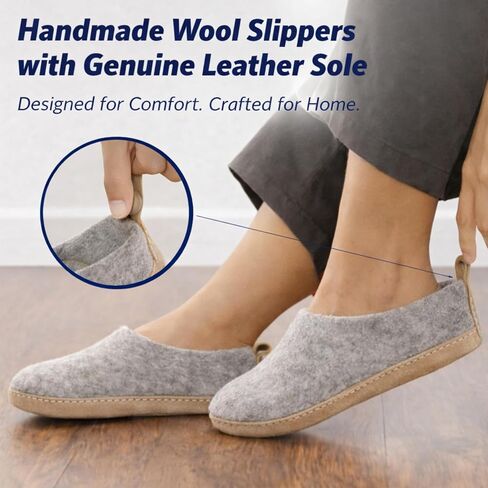 Wool Slippers for Women & Men – Handmade Felted Wool Indoor House Shoes with Genuine Leather Sole, Closed Back Slip-On, Warm Breathable Felt Slippers for Cold Floors in Kuwait