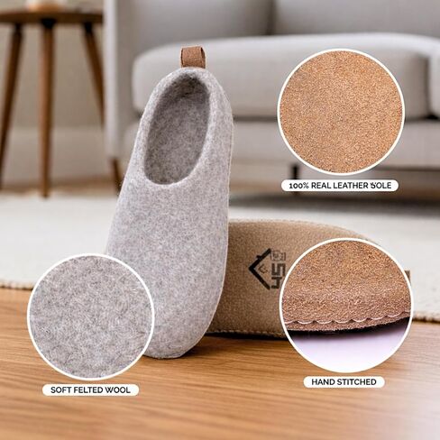 Wool Slippers for Women & Men – Handmade Felted Wool Indoor House Shoes with Genuine Leather Sole, Closed Back Slip-On, Warm Breathable Felt Slippers for Cold Floors in Kuwait