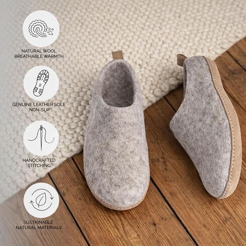 Wool Slippers for Women & Men – Handmade Felted Wool Indoor House Shoes with Genuine Leather Sole, Closed Back Slip-On, Warm Breathable Felt Slippers for Cold Floors in Kuwait
