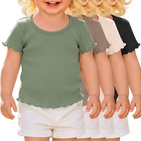 4 Pack Toddler Girls Short Sleeve Shirts Ribbed Cotton Lettuce Trim U Neck Tops Fitted Summer Casual Tees 18M-5T in Kuwait