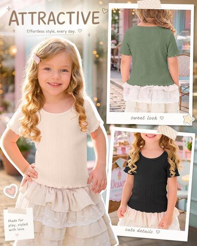 4 Pack Toddler Girls Short Sleeve Shirts Ribbed Cotton Lettuce Trim U Neck Tops Fitted Summer Casual Tees 18M-5T in Kuwait