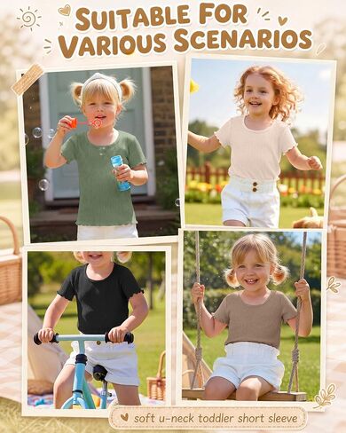 4 Pack Toddler Girls Short Sleeve Shirts Ribbed Cotton Lettuce Trim U Neck Tops Fitted Summer Casual Tees 18M-5T in Kuwait