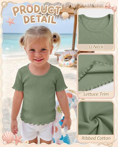 4 Pack Toddler Girls Short Sleeve Shirts Ribbed Cotton Lettuce Trim U Neck Tops Fitted Summer Casual Tees 18M-5T in Kuwait