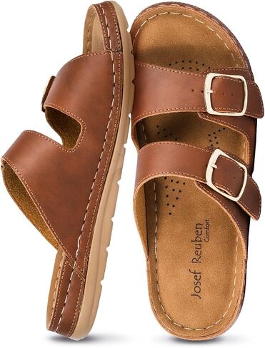 CAPRI Women's Flat Sandals, Open Toe, Dual Buckle, Comfort | Comfort flat sandals, cushioned feel, vegan leather material, dual buckle closure, lightweight sole, summer essentials in Kuwait