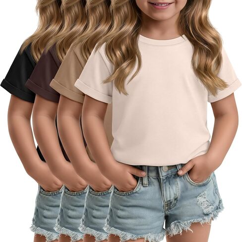 4 Pack Toddler Girls Short Sleeve Tops | Rolled Cuffs, Crew Neck, Baby Clothes, Summer T-Shirts, Casual, Cute Basic Tops in Kuwait