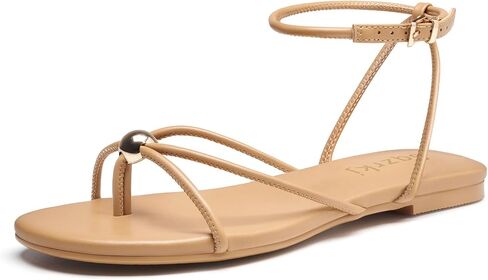 Strappy Flat Sandals for Women Comfortable Open Round Toe Ankle Strap Thong Flip Flops Sandals Summer Beach Dressy Shoes Brown Size 6.5 in Kuwait