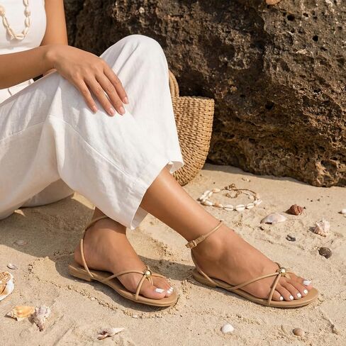 Strappy Flat Sandals for Women Comfortable Open Round Toe Ankle Strap Thong Flip Flops Sandals Summer Beach Dressy Shoes Brown Size 6.5 in Kuwait