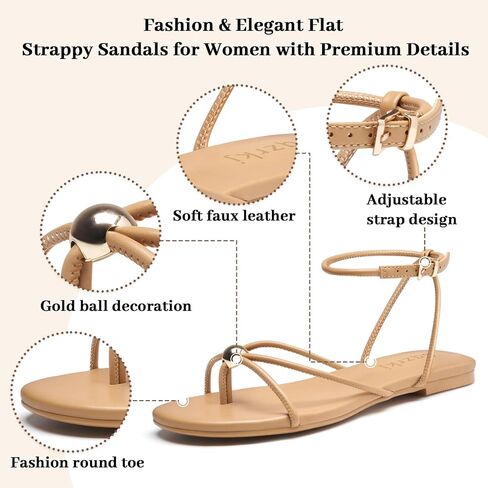 Strappy Flat Sandals for Women Comfortable Open Round Toe Ankle Strap Thong Flip Flops Sandals Summer Beach Dressy Shoes Brown Size 6.5 in Kuwait