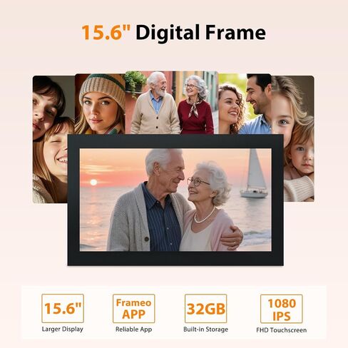 Frameo Digital Picture Frame, 15.6 inch Large Digital Photo Frame WiFi, 1920 * 1080 FHD Touch Screen 32GB Storage、Auto-Rotate、Wall Mountable、Easily Share Photos and Videos, Birthday, Wedding, for Mom in Kuwait