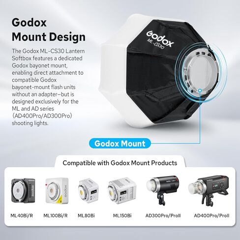 Godox ML-CS30 Soft Boxes, Collapsible Lantern Softbox for ML40Bi/R, ML100Bi/R, ML60IIBi, ML80Bi LED Lights, AD300ProII AD400ProII Flashes, 30x30cm /11.8x11.8in,Portable Small Godox Mount Softbox in Kuwait