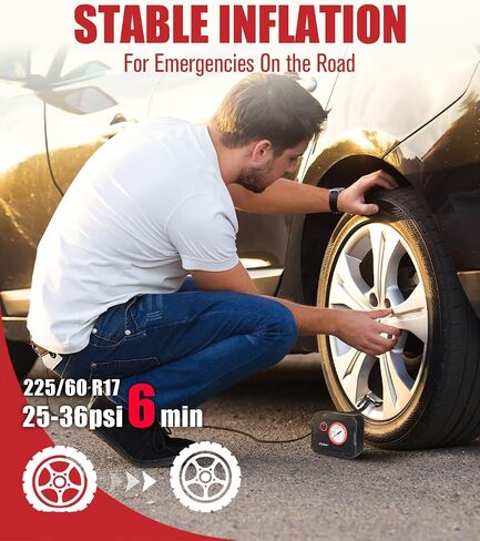 AVID POWER 12V Tire Inflator Portable Air Compressor, Lightweight | 12V DC, Air Tire Pump for Car, Bike, Motorcycle, Top Up Tires, Compact, LED Light, Digital Gauge, Red, for Road, Emergency in Kuwait