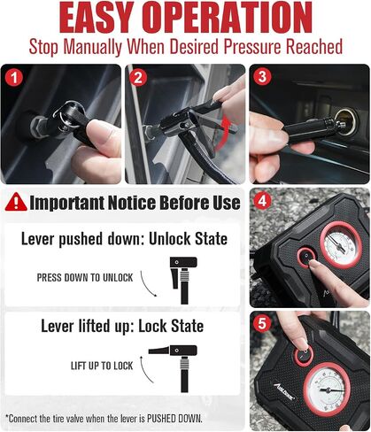 AVID POWER 12V Tire Inflator Portable Air Compressor, Lightweight | 12V DC, Air Tire Pump for Car, Bike, Motorcycle, Top Up Tires, Compact, LED Light, Digital Gauge, Red, for Road, Emergency in Kuwait