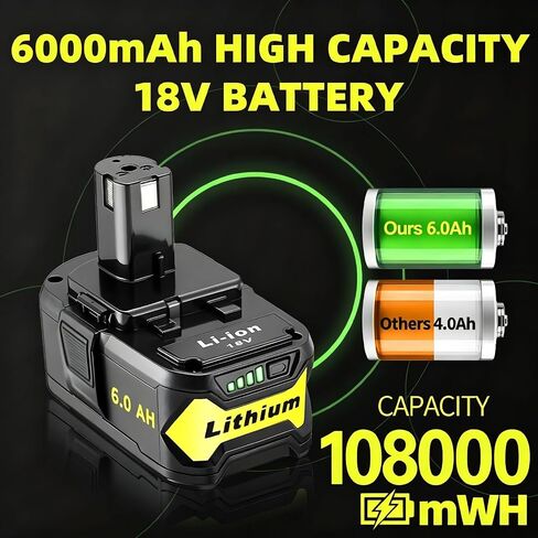 2 Packs High Capacity Replacement for Ryobi 18v Battery P108 P104 P105 P102 P103 P122 P109 Li-ION Compatible with Ryobi 18V ONE+ System Cordless Power Tools and Charger in Kuwait