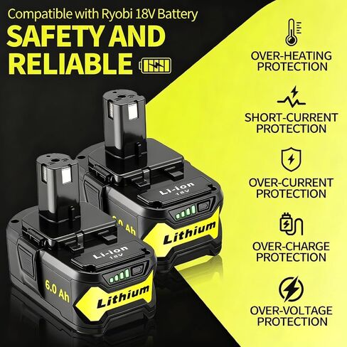 2 Packs High Capacity Replacement for Ryobi 18v Battery P108 P104 P105 P102 P103 P122 P109 Li-ION Compatible with Ryobi 18V ONE+ System Cordless Power Tools and Charger in Kuwait