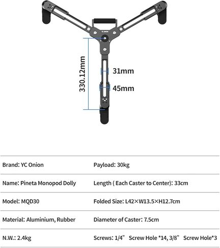 YC Onion MQD30 Pineta Monopod Dolly, 3/8 Inch Extendable Screw & Quick Release Knob, 360° Silent Swivel Casters for Pineta Pro Carbon Fiber Monopod Live Stream Interview Sports Shooting in Kuwait