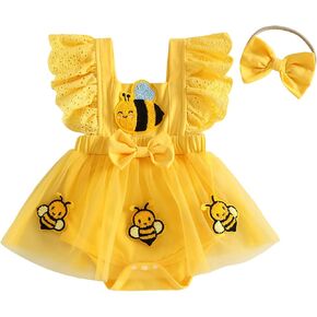 Baby Girl Summer Clothes Bee Ladybug Strawberry Romper Dress Bow Headband | Newborn Infant Bee Embroidery Flying Sleeve Playsuit, Square Neck, Bow Decor on the Waist, Snap Closure in Kuwait