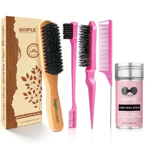 Boar Bristle Slick Back Hair Brush & Hair Wax Stick for Smooth Flyaways, Frizz, Sleek Ponytail, Buns and Edge Baby Hair | Hair Comb, Edge Brush, Teasing Brush, Rat Tail Comb Styling Accessories in Saudi Arabia