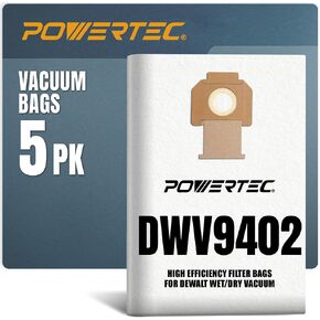 POWERTEC DWV9402 Fleece Bags for Dewalt 5PK, for Dewalt DWV010, DWV012, DWV015 8 & 10 Gallon Dust Extractor, Replacement Shop Vacuum Bags (75029) in Kuwait