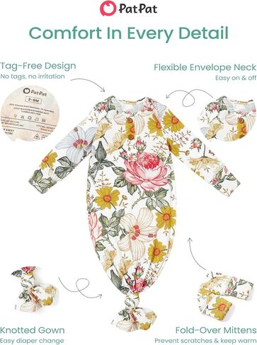 PATPAT Baby Sleeper Gown with Bamboo Viscose for Newborn Girls Boys, Knotted Nightgown with Mittens for Infant Home Coming in Kuwait
