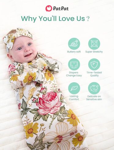 PATPAT Baby Sleeper Gown with Bamboo Viscose for Newborn Girls Boys, Knotted Nightgown with Mittens for Infant Home Coming in Kuwait
