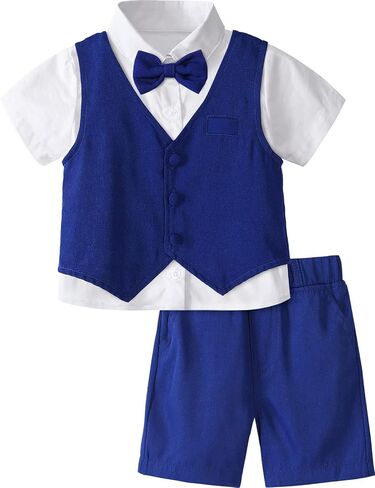 A&J DESIGN Toddler Boy Suit Formal Outfit 4pcs Shirt, Vest, Shorts, Bow Tie | Complete Gentleman Look, Removable Bow Tie, Soft Inner Lining, Skin-friendly, Ideal Gift, Easy Styling, Summer, Birthday in Saudi Arabia