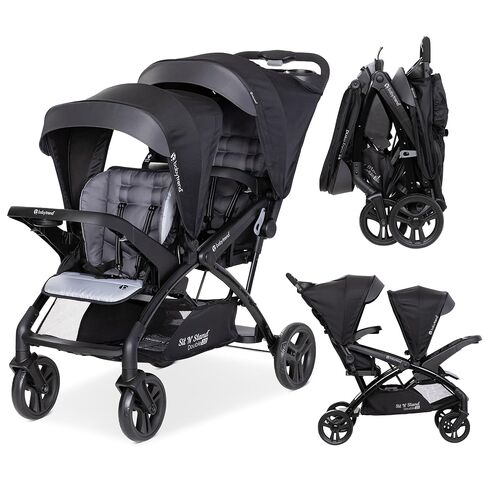Baby Trend Sit N' Stand 2.0 DLX Double Stroller with Canopy Visors, Stormy | Foldable Infant and Toddler Tandem Stroller and Travel System with Storage Basket and 2 Cup Holders in Kuwait