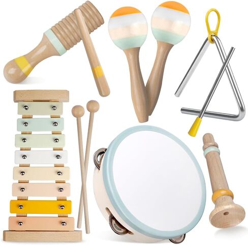 Baby Musical Instruments-Montessori Wooden Toys for Toddlers | Neutral Colors Percussion Instruments Set with Modern Boho Xylophone for Kids Preschool Educational (Neutral) in Kuwait