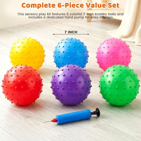 LOVEINUSA 6PCS Bouncy Balls, 7 Inch Sensory Balls for Babies Toddlers, Mini Knobby Ball Spiky Massage Stress Ball with Pump, Party Favors for Kids, Classroom Prize, Goodie Bags Stuffers in Kuwait