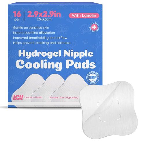 16CT Hydrogel Nipple Pads for Breastfeeding with Lanolin - Cooling Sore Nipple Gel Soothing Pads - Breast Feeding Essentials for Moms by Livaclean Health in Kuwait