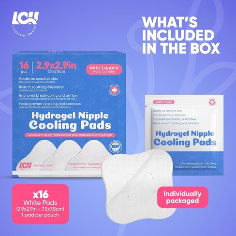 16CT Hydrogel Nipple Pads for Breastfeeding with Lanolin - Cooling Sore Nipple Gel Soothing Pads - Breast Feeding Essentials for Moms by Livaclean Health in Kuwait