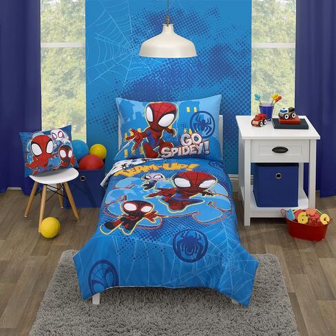 Disney Marvel Spidey and his Amazing Friends Spidey Team Red, White, and Blue 4 Piece Toddler Bed Set - Comforter, Fitted Bottom Sheet, Flat Top Sheet, and Reversible Pillowcase in Kuwait