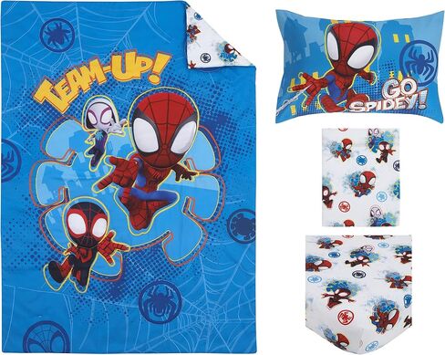 Disney Marvel Spidey and his Amazing Friends Spidey Team Red, White, and Blue 4 Piece Toddler Bed Set - Comforter, Fitted Bottom Sheet, Flat Top Sheet, and Reversible Pillowcase in Kuwait
