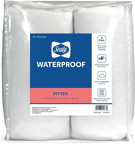 Sealy Baby Crib Mattress Protector - 2-PACK, Fitted Waterproof Infant Crib Mattress Pad and Toddler Bed Cover, Machine Washable and Easy to Clean, 52x28 in Kuwait