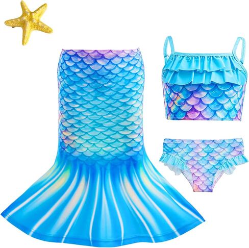 Little Girls 4pcs Swimsuit Bathing Suits Bikini Set with Princess Skirt for Kids Toddler Swimwear for 5-6 Years Green Blue in Kuwait